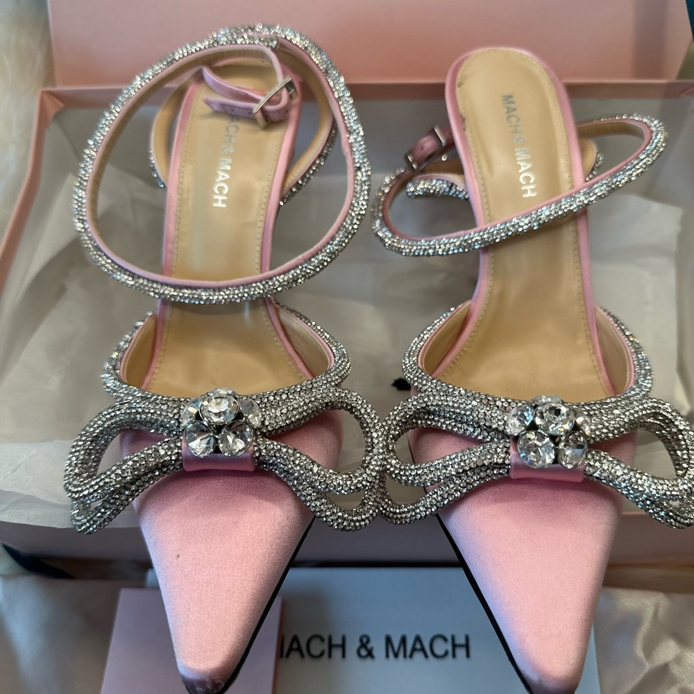 Mach & Mach Pink Satin Crystal Double Bow Pumps